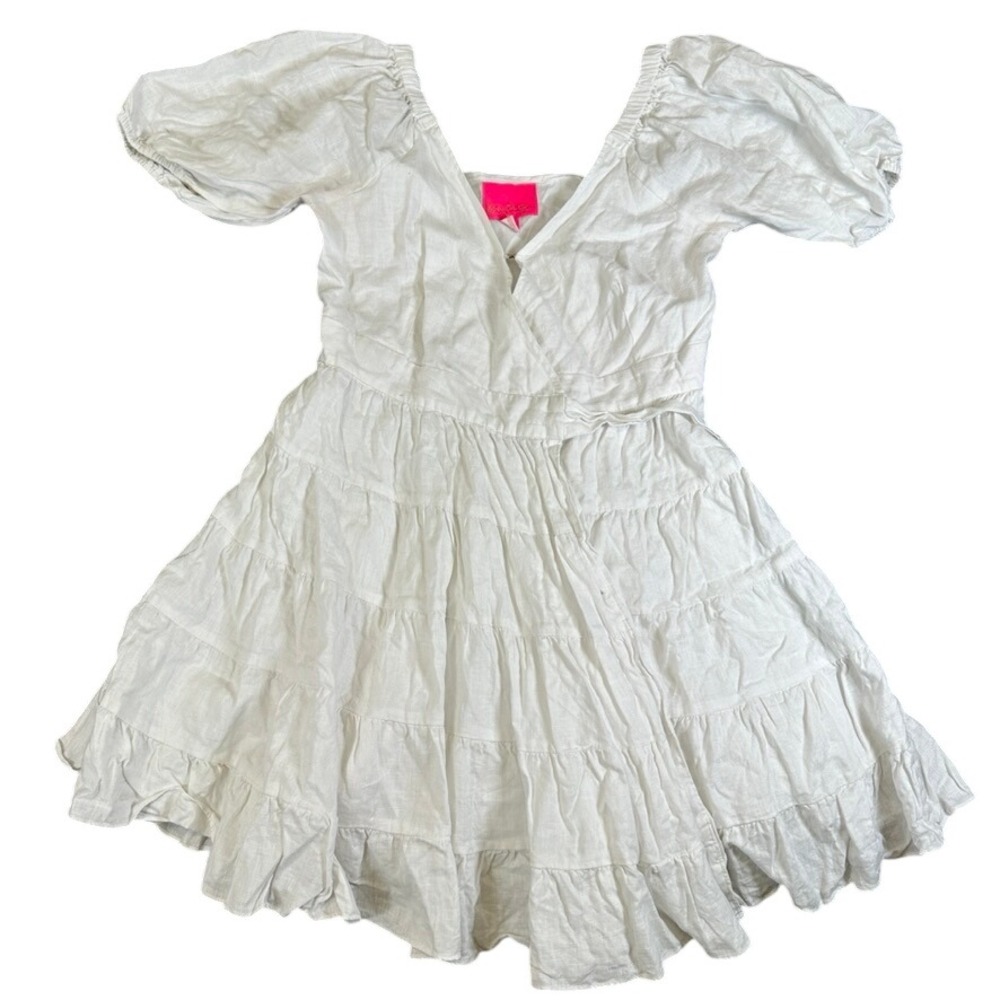 Lilly Pulitzer White Linen Tiered Mini Dress Short Puff Sleeve Wrap V-Neck 4